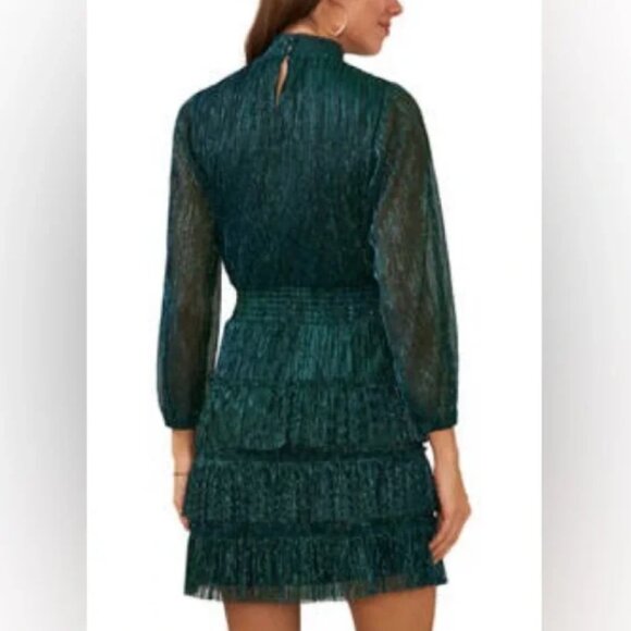 Small 1. State Shimmery Metallic Green Long Sleeve Smocked Tiered Dress (ABBA) - Picture 3 of 16